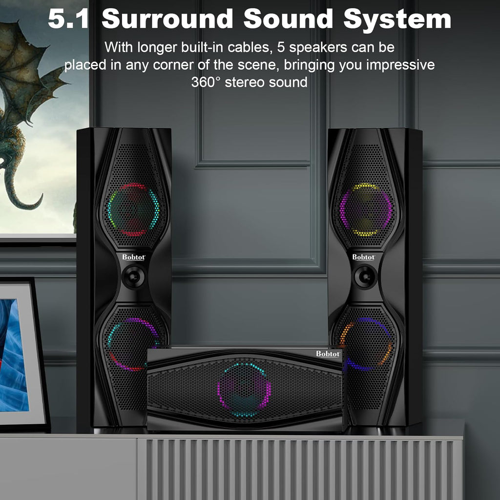 Bobtot Surround Sound Systems Home Theater System - 1200 Watts Peak Power 10" Subwoofer 5.1/2.1 Wired Audio Stereo Speakers Strong Bass with ARC Optical AUX Bluetooth Input