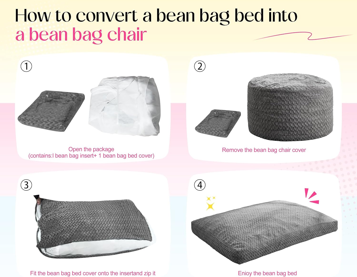 Hobestluk Bean Bag Chair Convertible Beanbag Chairs for Adults, 3 in 1 Bean Bags with Plush Chevron Cover, Adult Bean Bag Chair for Living Room, Bedroom (Grey, Full)