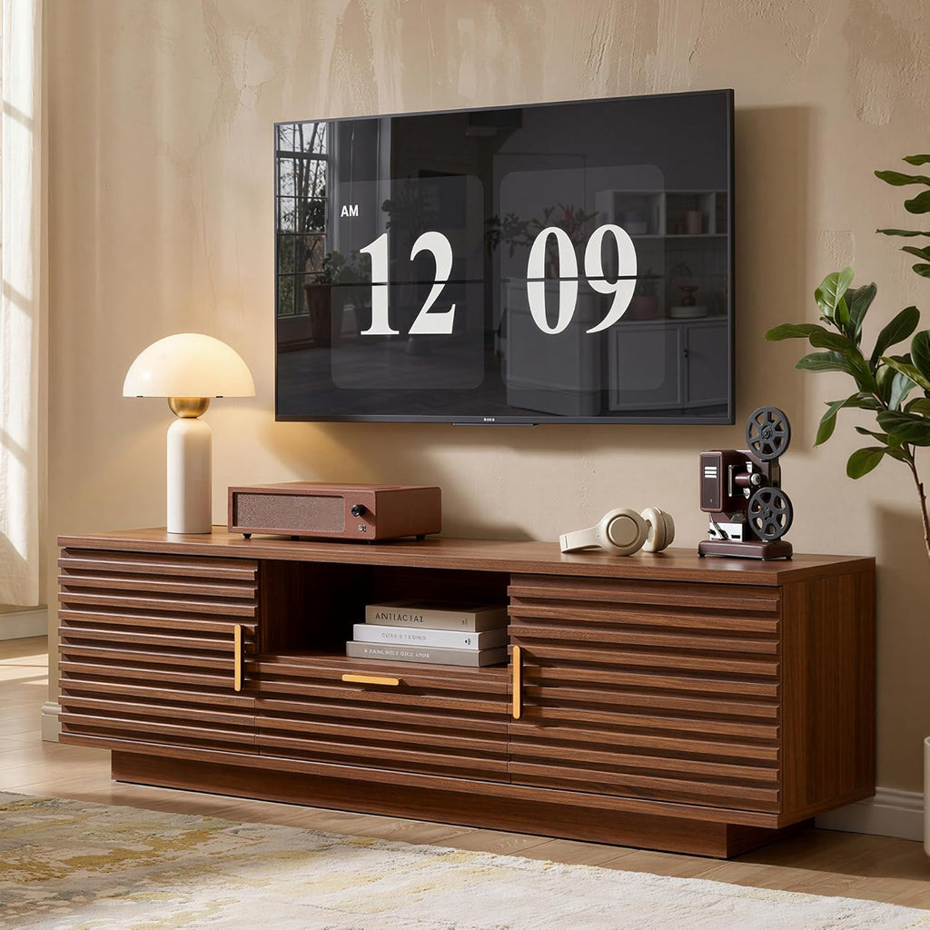 IRONCK TV Stand for TVs up to 65 Inch, Mid Century Modern Fluted Entertainment Center with Storage, TV Console with Cabinet and Adjustable Shelves for Living Room, Bedroom, Walnut