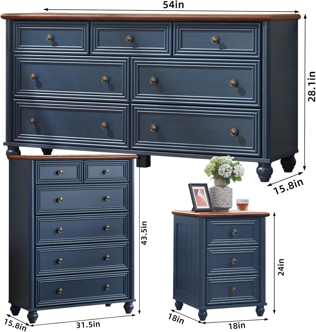 Farmhouse Dressers & Night Stand Set of 4, Wood 54" Wide 7 Drawer Dresser & 43.5" Tall Chest of Drawers, 18"Roman Column Nightstand Set of 2, Bedroom Furniture Dresser Set for Home Living Room Hallway