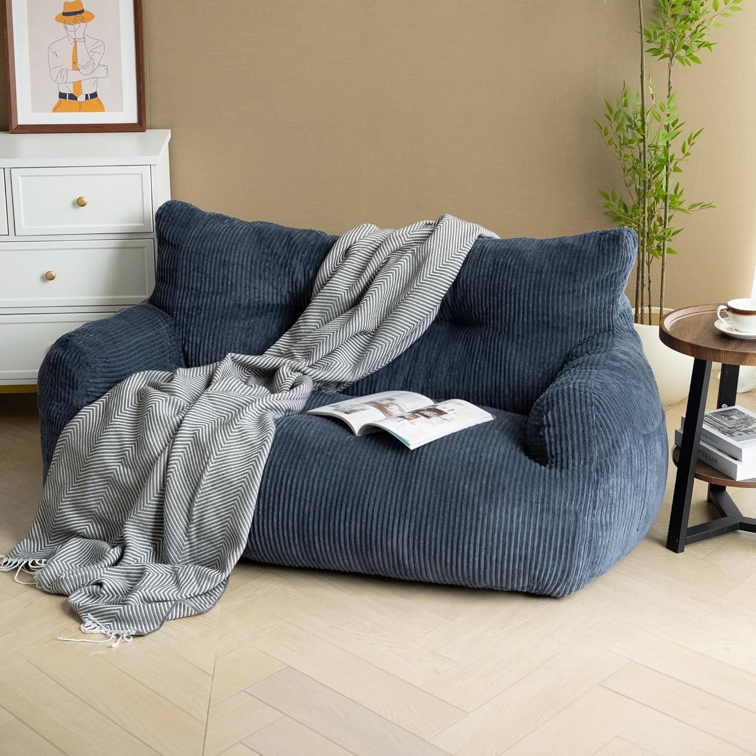 59" Bean Bag Chair,2 Seat Loveseat Sofa,Corduroy Lazy Sofa Bed for Adults,Fit Living Room, Bedroom,Outdoor Spaces,Ultra Soft Dutch Velvet,Fluffy Comfort Washable Cover,72h Rebound,Blue