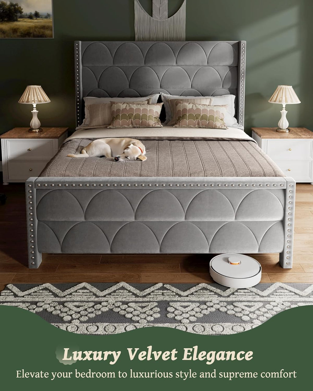 OHOHOLIVE Queen Size Bed Frame with 56" Headboard - Velvet Upholstered Wingback Platform Bed Frame, Noise Free, Sturdy Wooden Slat Support (Deep Gray, Queen)