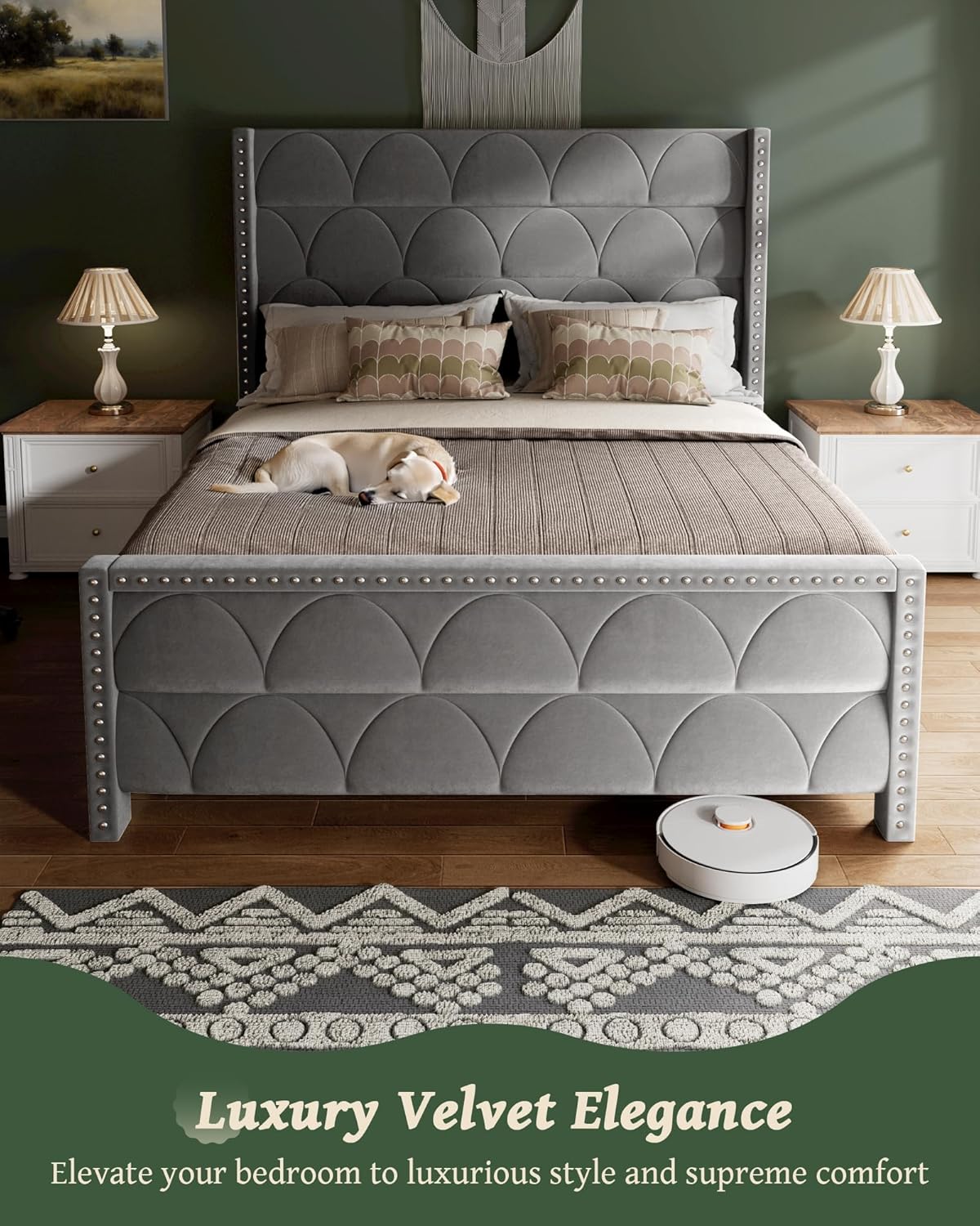 OHOHOLIVE Queen Size Bed Frame with 56" Headboard - Velvet Upholstered Wingback Platform Bed Frame, Noise Free, Sturdy Wooden Slat Support (Deep Gray, Queen)