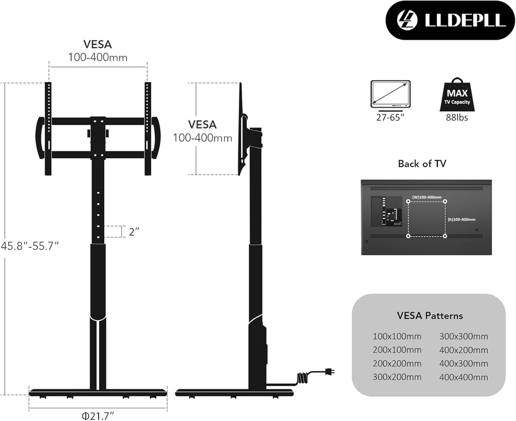 Floor Mobile TV Stand with Power Outlet, Rolling TV Cart for 27-65 Inch OLED LED Monitors, 6 Levels of Height Adjustment, Ambient Lighting on The Bottom Wheels Holds up to 88lbs, 400x400mm