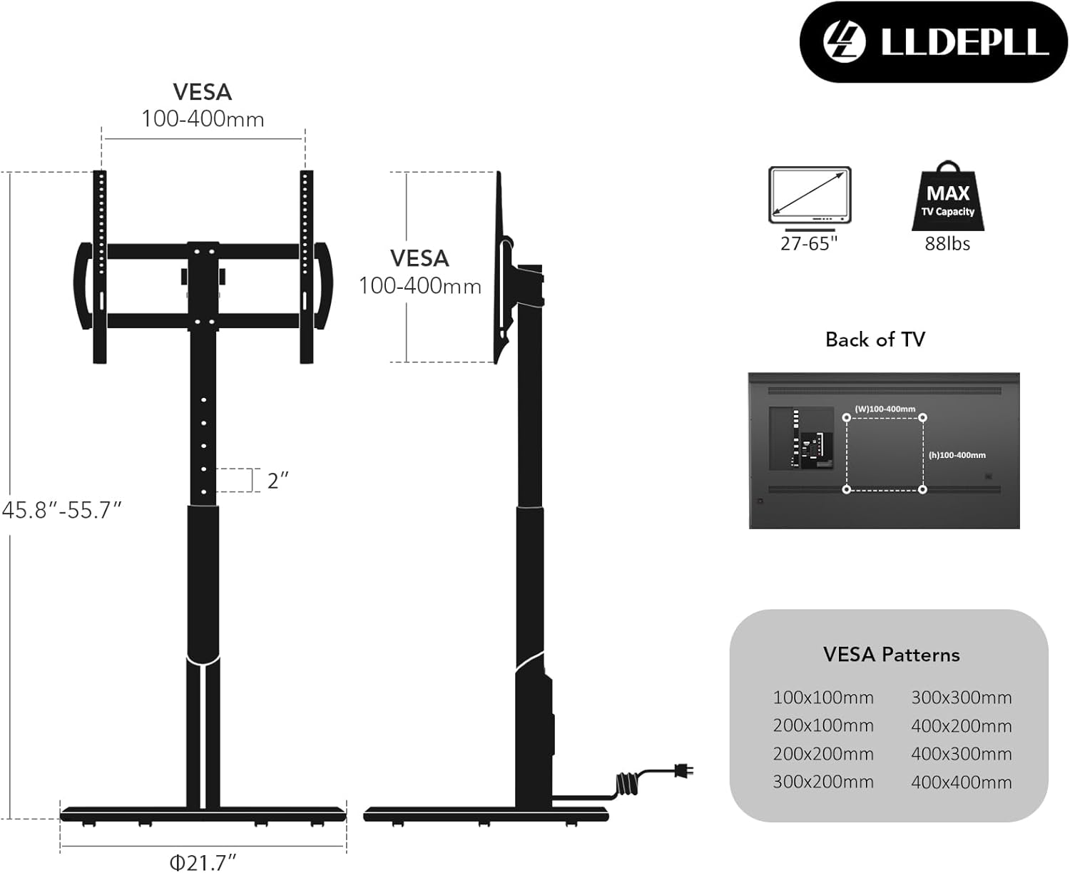 Floor Mobile TV Stand with Power Outlet, Rolling TV Cart for 27-65 Inch OLED LED Monitors, 6 Levels of Height Adjustment, Ambient Lighting on The Bottom Wheels Holds up to 88lbs, 400x400mm