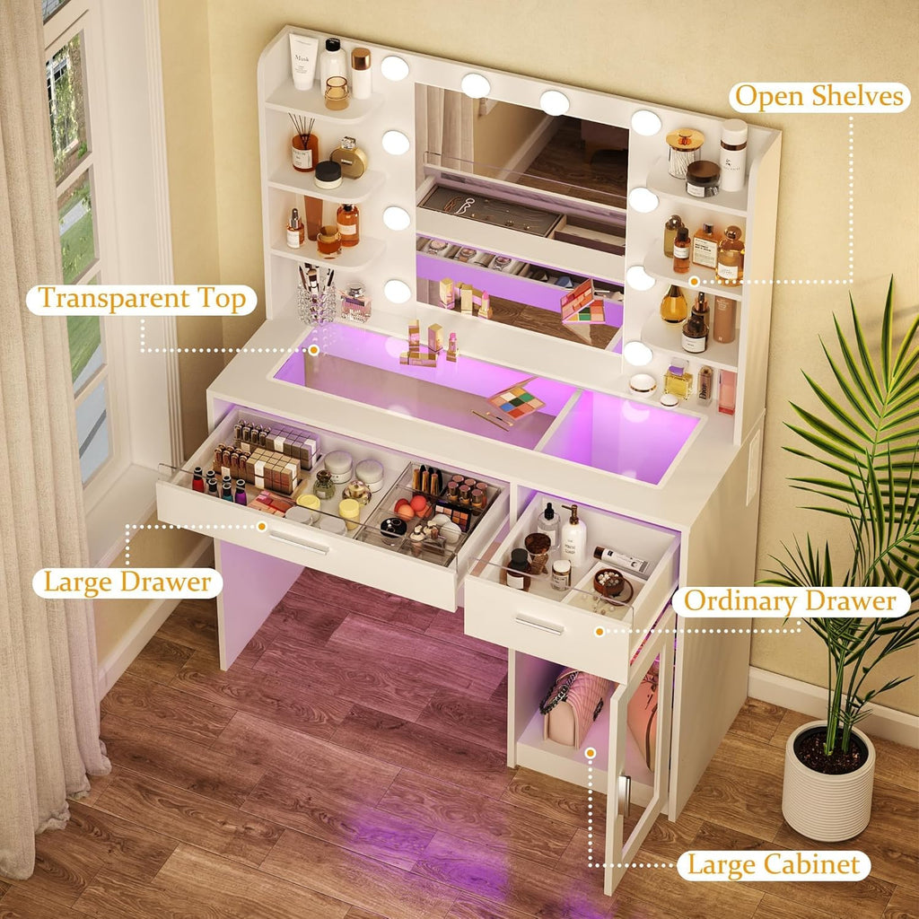 HUAHUU Vanity Desk with Mirror and Lights, Makeup Vanity Desk with Lights 3 Colors, Transparent Top Vanity with 2 RGB Drawers, 6 Shelves, Large Tempered Cabinet, Power Outlet, for Bedroom, White