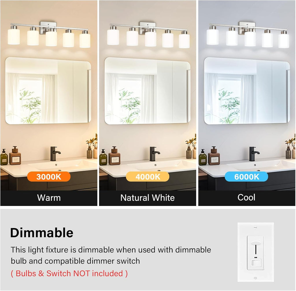 FonmYim Brushed Nickel Bathroom Light Fixtures, 5-Light Modern Vanity Light Over Mirror, Wall Sconces with Milky White Frosted Glass Shades, E26 Socket (Bulbs Not Included)