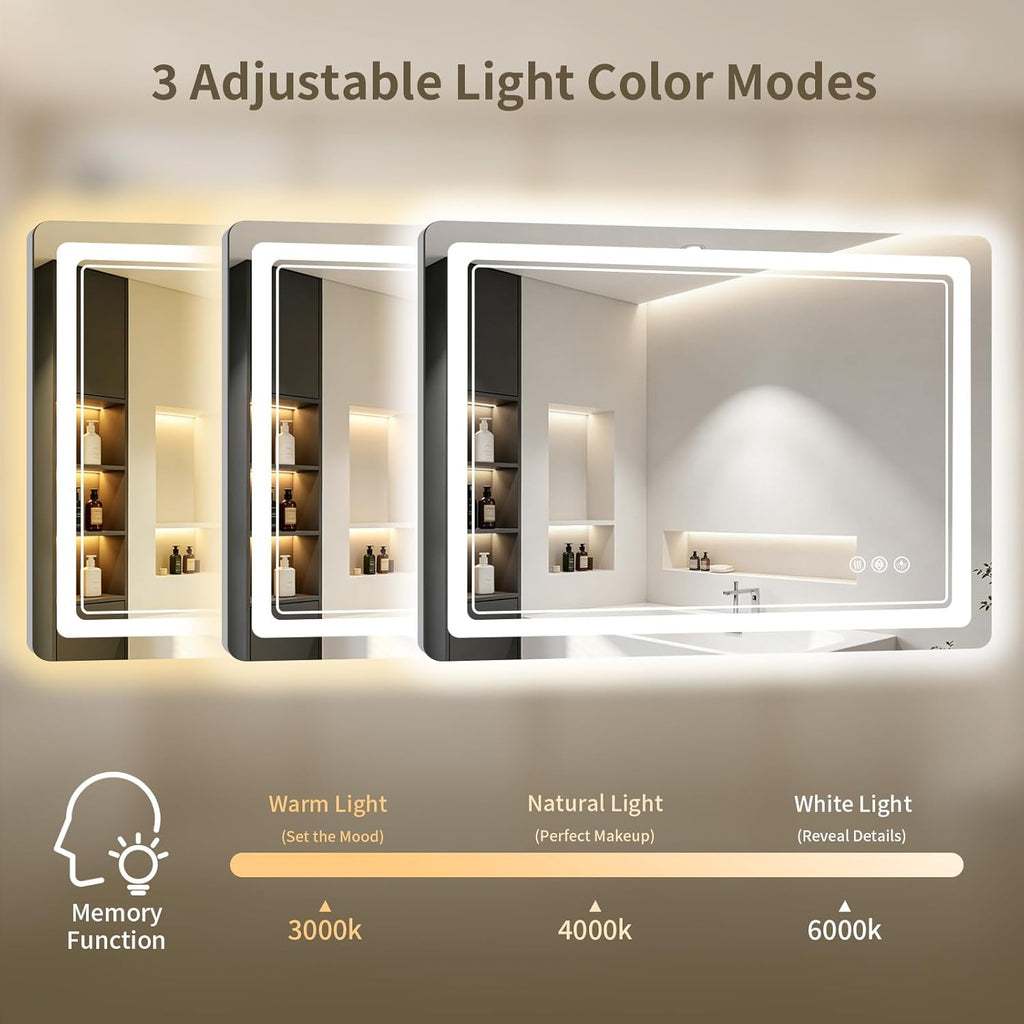 30"x36" LED Bathroom Mirror with Lights, Backlit + Front Lit, Anti-Fog, Lighted Bathroom Mirror for Wall, HD Shatterproof Tempered Glass, Dimmable, Memory Function (Horizontal/Vertical)