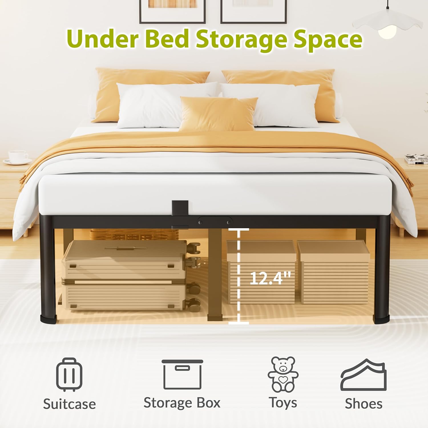 14 Inch Queen Bed Frame, Metal Platform Bed Frame with Round Corner Legs, 3500 lbs Heavy Duty Steel Slats Support, No Box Spring Needed, Noise Free, Easy Assembly, Black