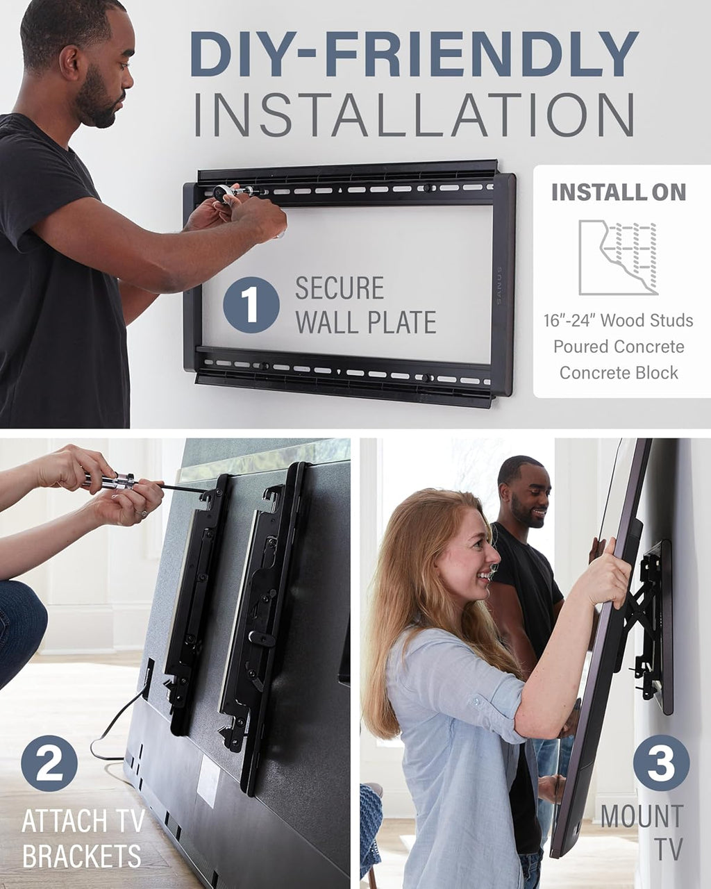 SANUS Tilting TV Wall Mount for 46" - 90” TVs or 150lbs - Premium Tilt Mount w/Universal Fit - Smooth 5.7" Extension Allows for Cable Management - Includes Hardware & Drill Template for Easy Install