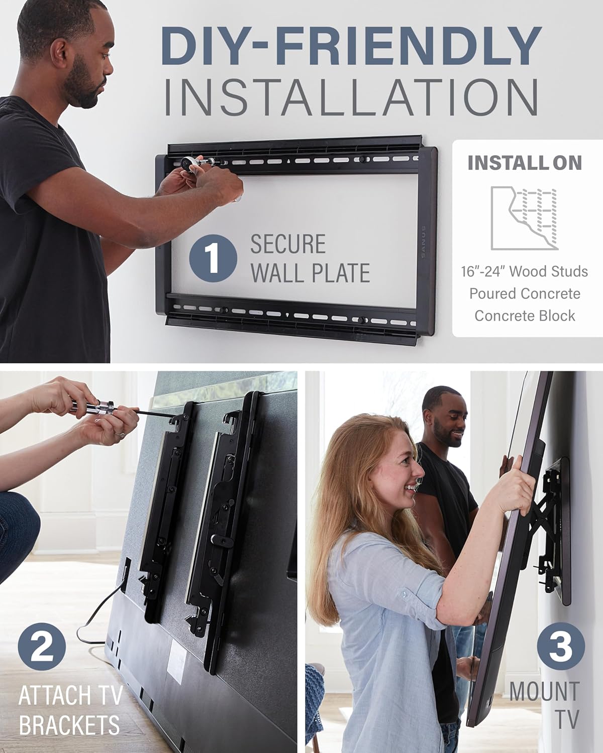 SANUS Tilting TV Wall Mount for 46" - 90” TVs or 150lbs - Premium Tilt Mount w/Universal Fit - Smooth 5.7" Extension Allows for Cable Management - Includes Hardware & Drill Template for Easy Install