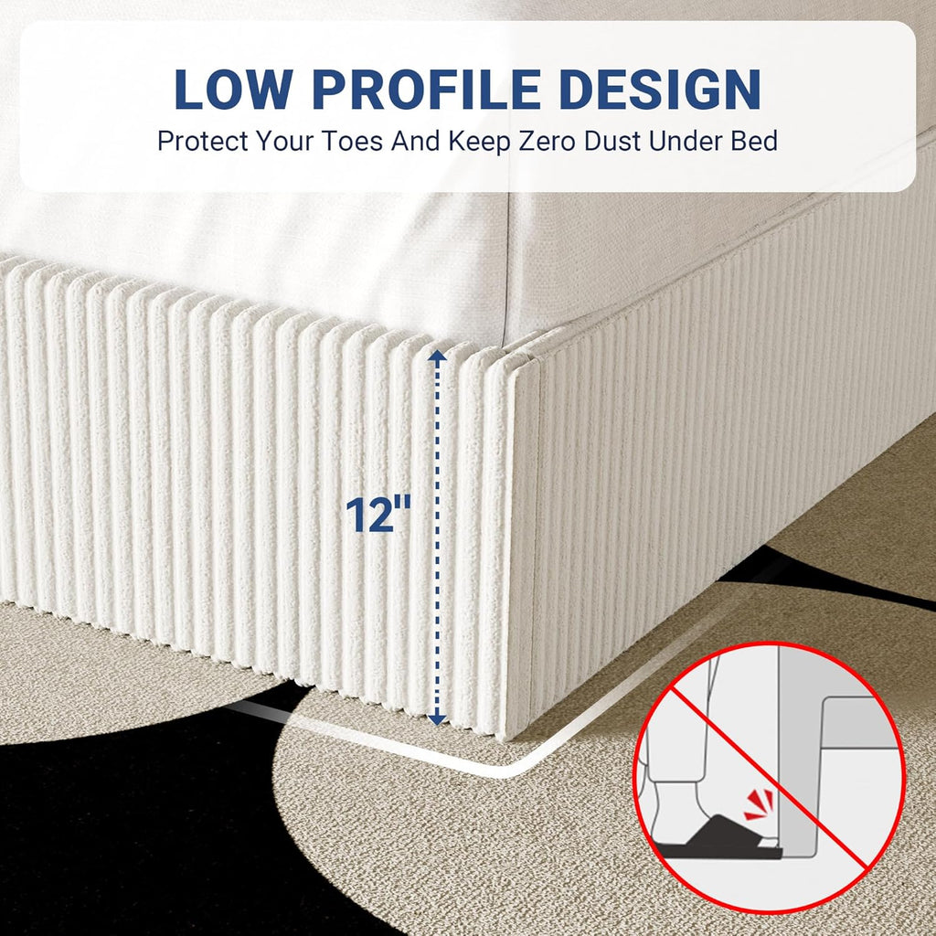 Allewie King Bed Frame, Upholstered Platform Bed, Adjustable Vertical Channel Tufted Headboard, Corduroy Fabric, Modern Low Profile, Wooden Slats, No Box Spring Needed, Easy Assembly, White