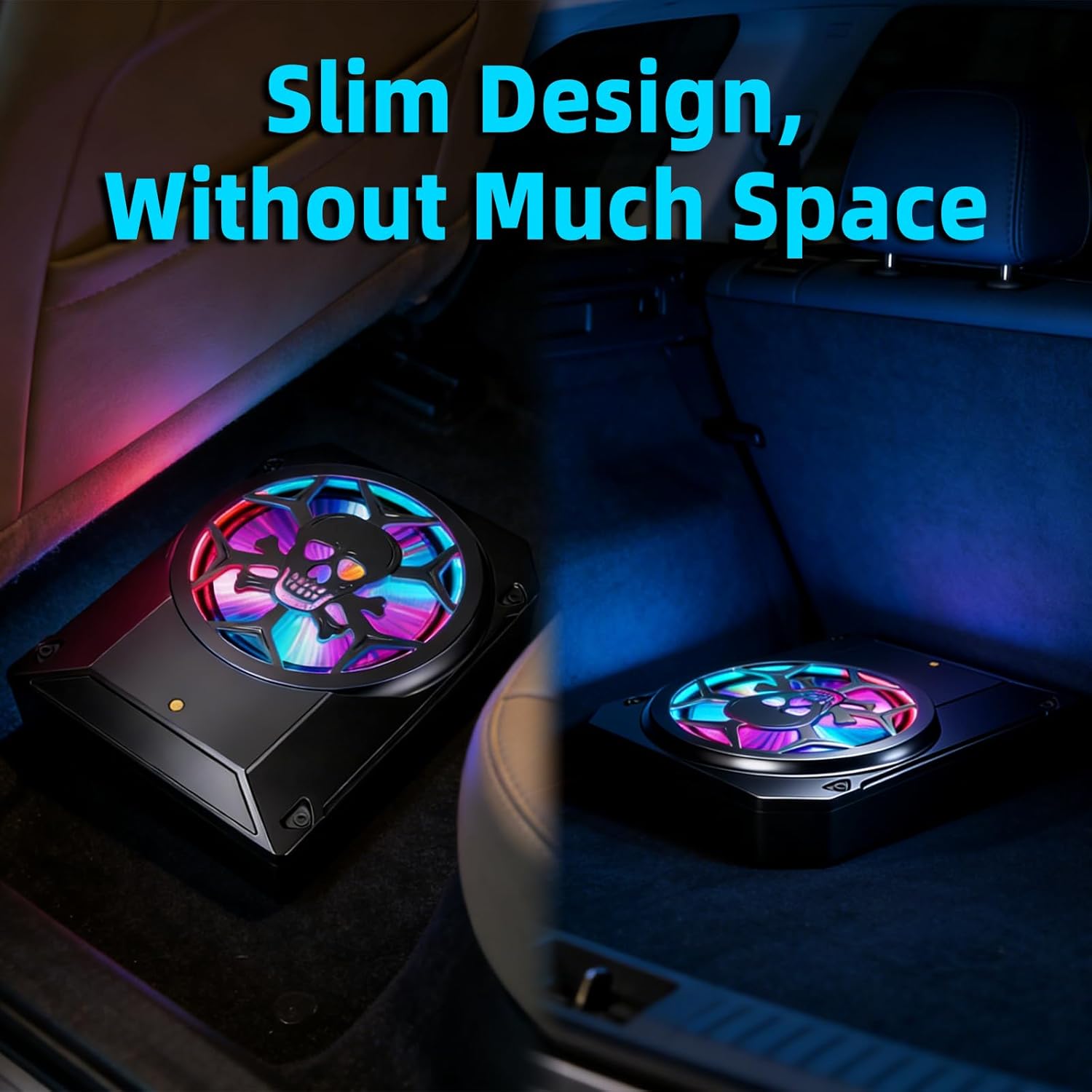 1600W Car Subwoofer, 10" Ultra-Thin Powered Under-Seat Sub with Built-in Amplifier, LPF/Gain/Bass Boost, Touch Control, Physical Switch Rhythm LED Ambient Light, Independent Bass Knob