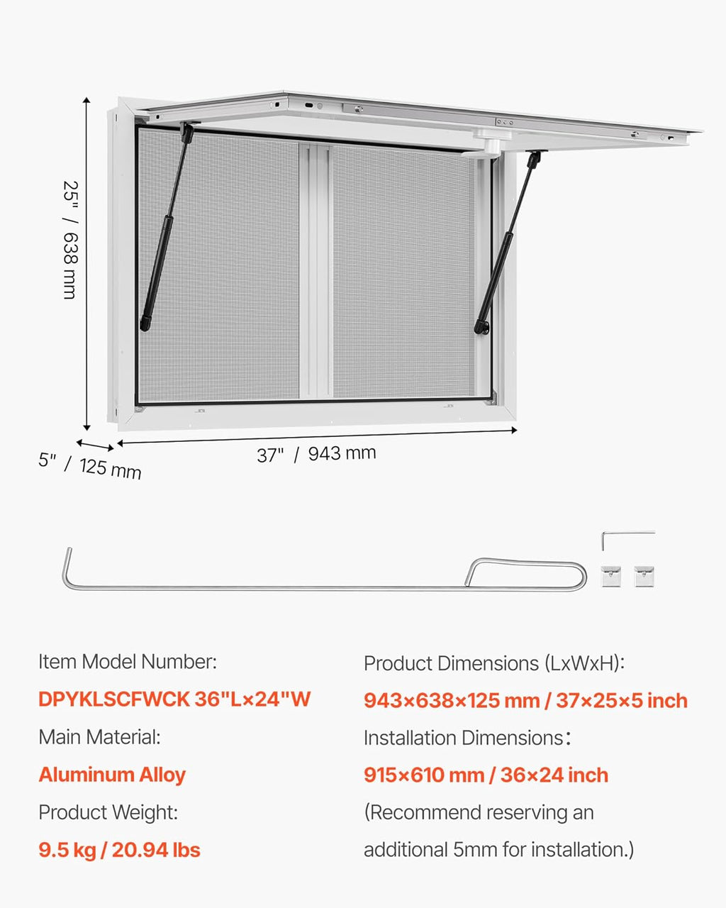 VEVOR Concession Window Aluminum Alloy Frame Service Windows for Food Truck, Up to 85 Degrees Stand Serving Window with Awning Door and Drag Hook (2 left&right sliding windows, 36x24in)