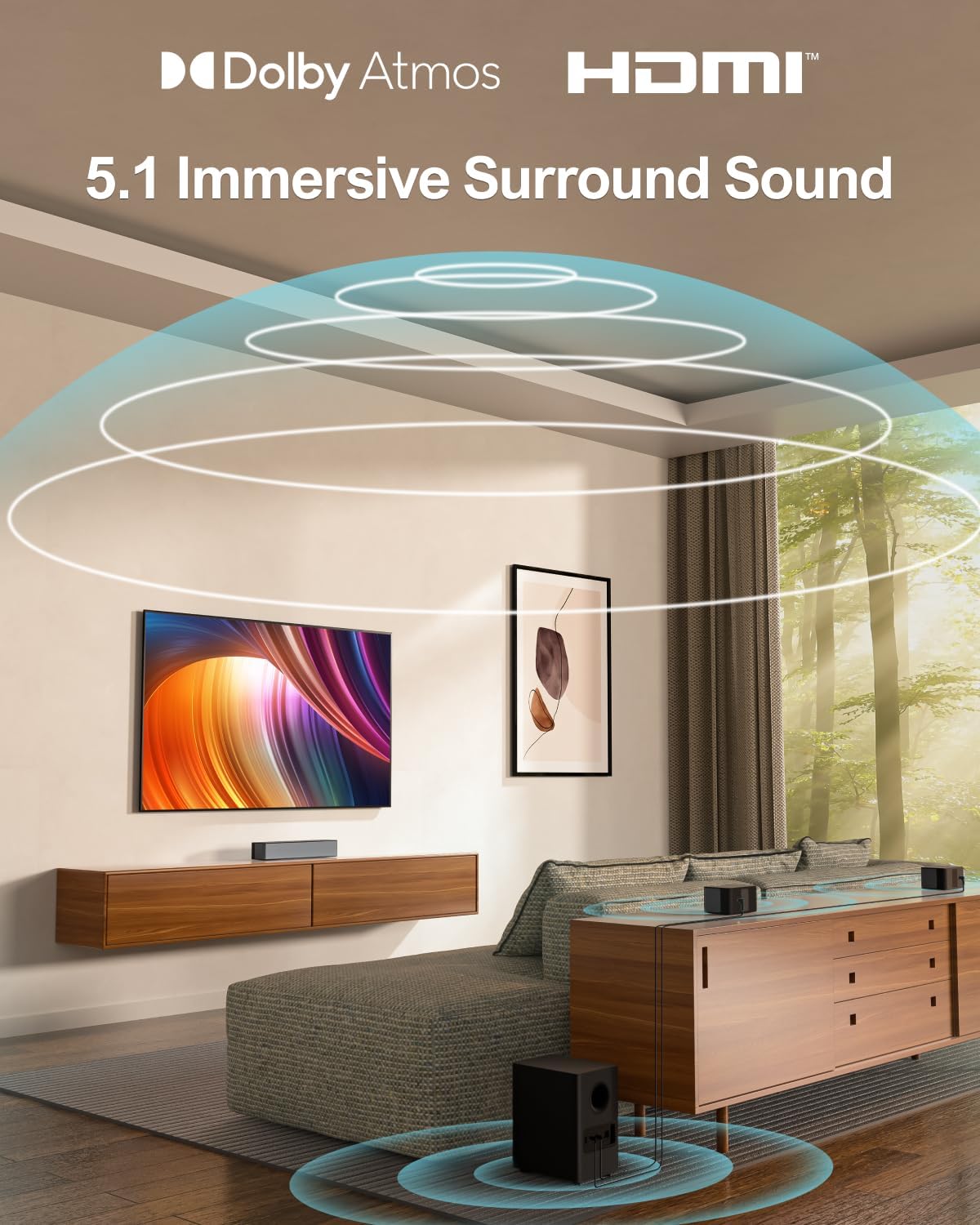 ULTIMEA 5.1 Sound Bar, 410W Dolby Atmos Surround Sound System for TV, 3D Sound Bars for Smart TV w/Subwoofer, Adjustable Surround & Bass, Home Audio w/APP Control, Poseidon D60(New 2025 Version)