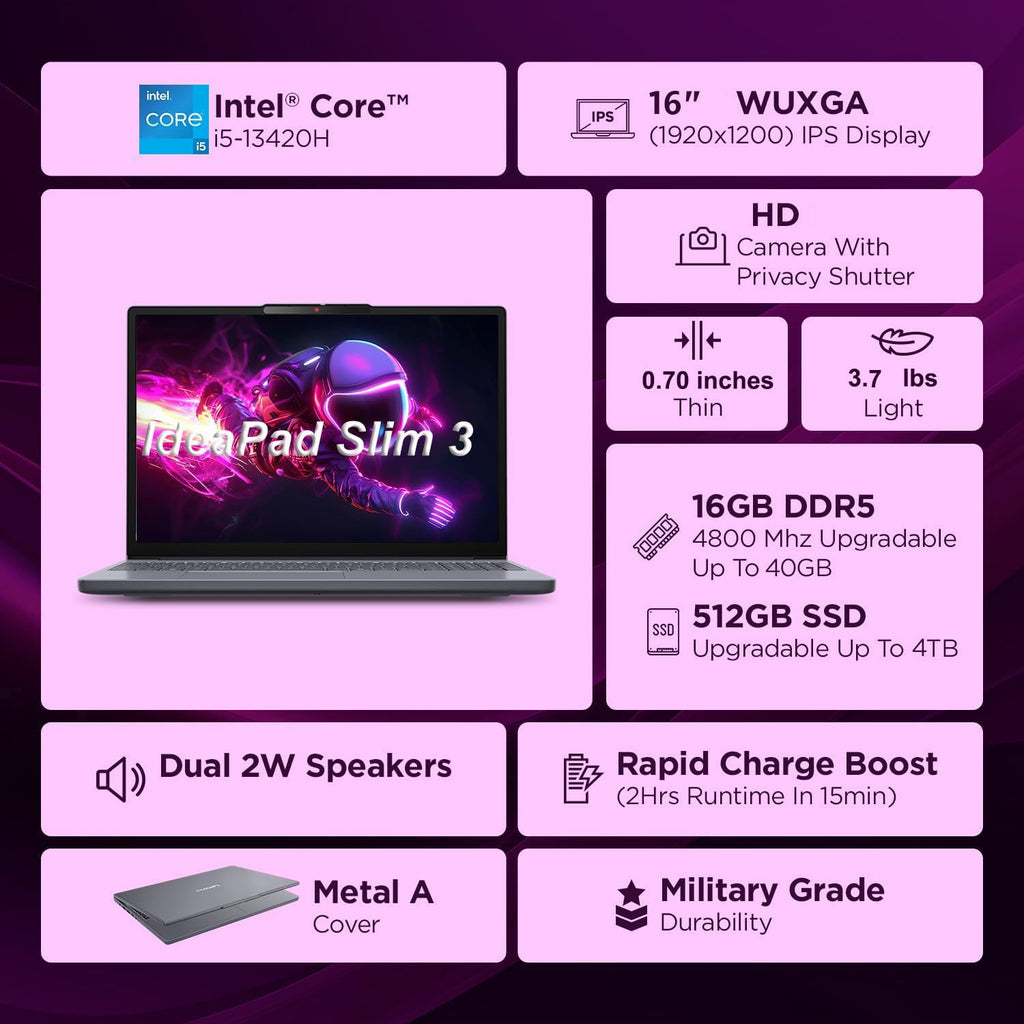 Lenovo IdeaPad Slim 3 Laptop 16" FHD+ Computer for Home Office, Intel 8-Core i5-13420H, 8GB DDR5 RAM, 256GB PCIe SSD, WiFi 6, Bluetooth 5.2, AI Copilot, Luna Grey, Windows 11 Home