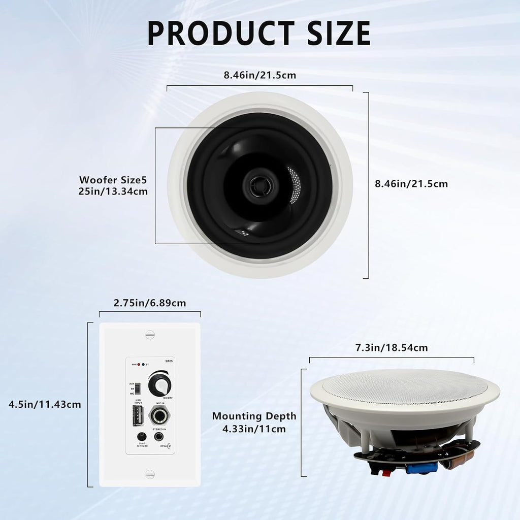6.5'' Bluetooth in Ceiling Speakers with Wall Amplifier Receiver 600W Flush Mount Ceiling & in-Wall Speaker System for Home Theater Office Bathroom Living Room Kitchen(2Pairs)