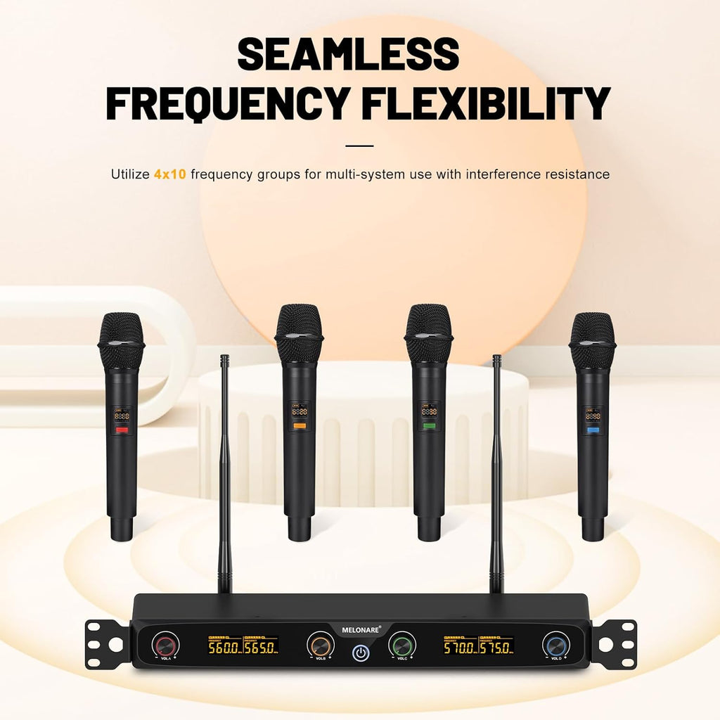 MELONARE 4-Channel Wireless Microphone System, UHF Rackmountable Cordless Mic Set w/ 4X 10 Frequencies, 260ft Range, Dynamic Handheld Microphone for Singing, Karaoke, Church, DJ, Party (MWM-41F)