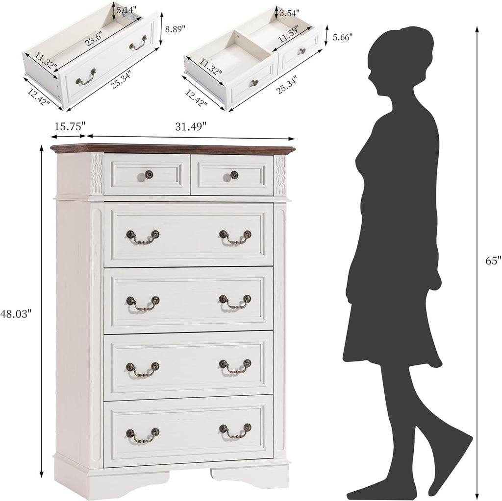 Farmhouse Dresser and Nightstand Sets, 6-Drawer with 7 Drawer Dresser & 3 Drawer Nightstand Sets, 4 Pieces Rustic Wood Bedroom Furniture Set for Home, Bedroom, Hallway(White)