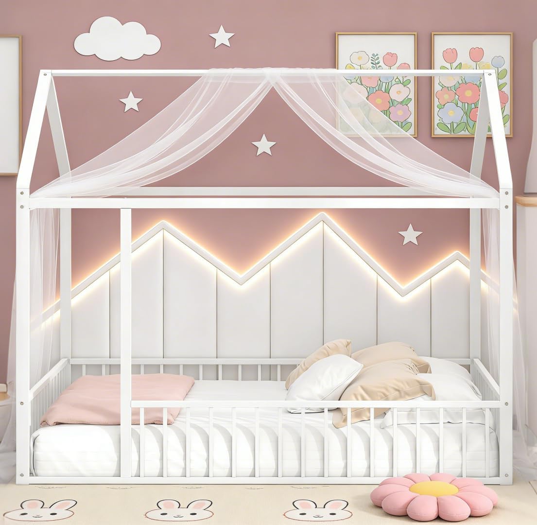 Bellemave Full Size House Floor Montessori Bedframe with Rails and roof, Metal House Bed for Kids, Montessori Floor Beds for Kids White
