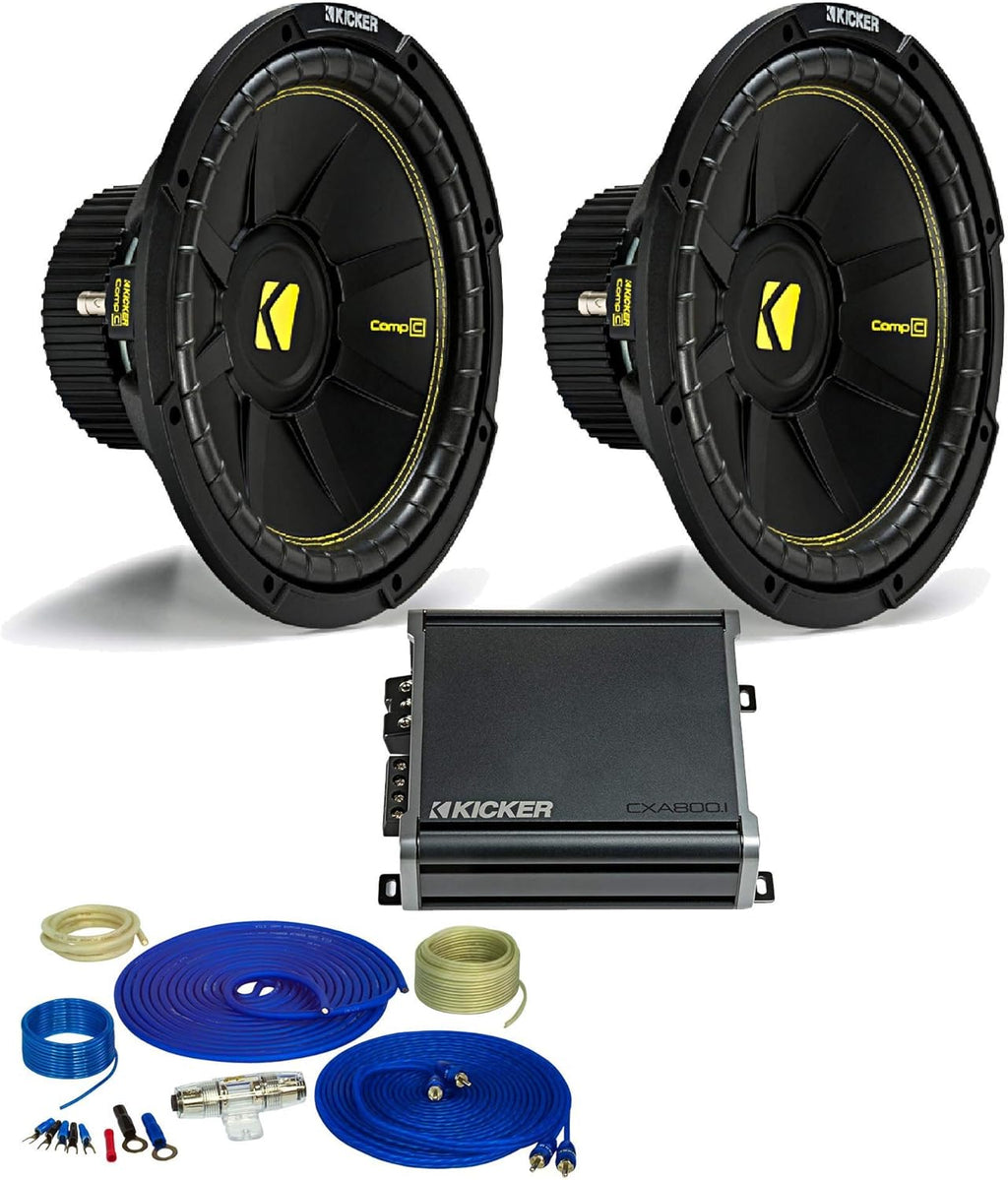Kicker 12 Inch Bass Bundle 2 44CWCS124 Subwoofers with CXA8001 and amp Wire kit