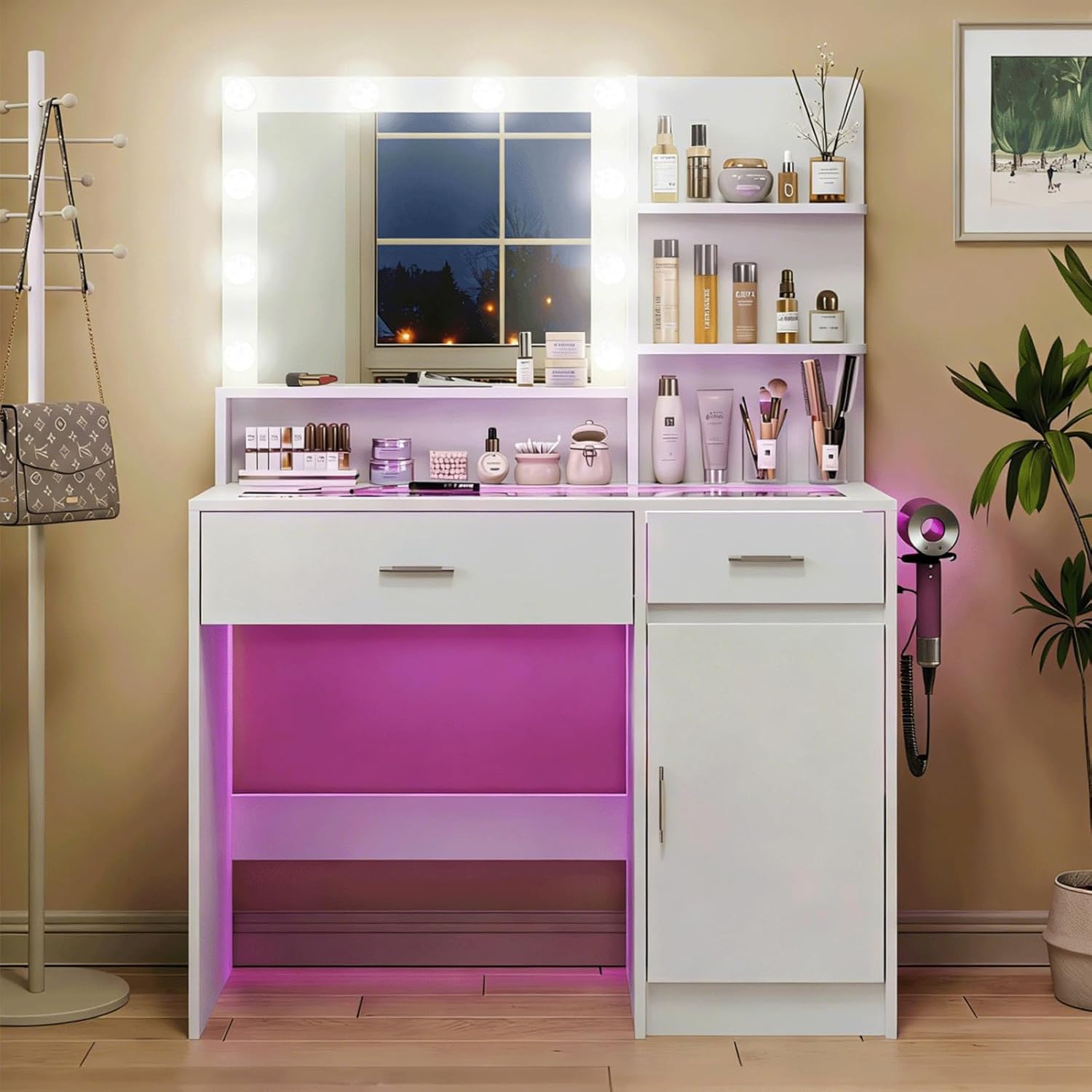 White Vanity Desk with Mirror and Lights, Vanitys with Glass Top & Power Outlet, Dressing Table with 36 Lighting Modes Brightness Adjustable RGB Drawers, for Women Girls Bedroom (White)