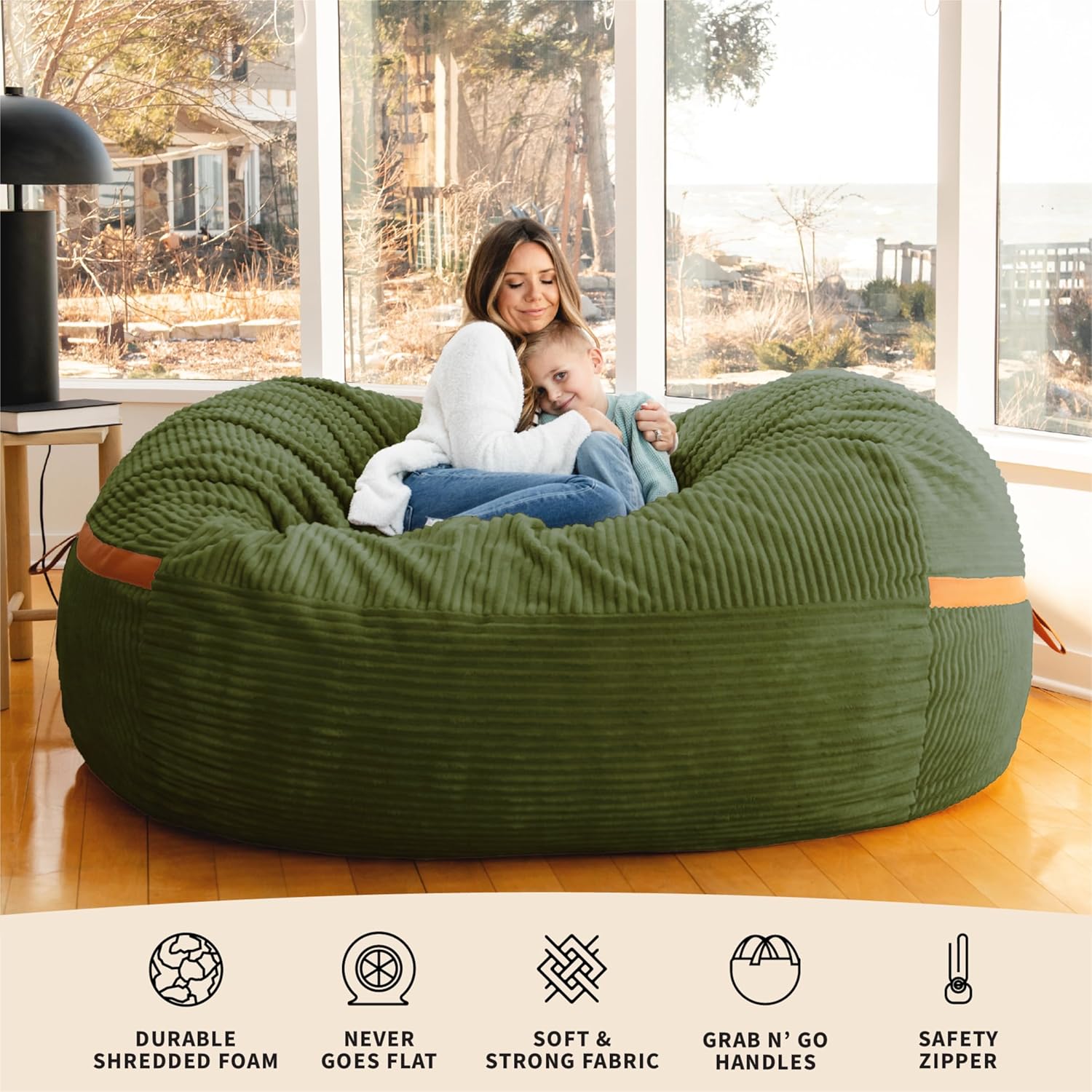 Big Joe Fuf 8Ft Giant Foam Bean Bag Chair, Oversized Couch with Removable Cover for Kids, Teens, Adults, Moss Green Corded Plush, 8 Foot