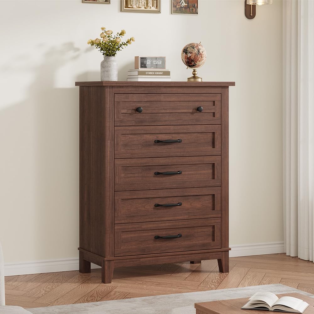 GarveeHome 5 Dresser for Bedroom, 41.3 in Tall Vertical Drawer Dresser with Large Storage, Freestanding Wooden Closet Chest for Bedroom, Living Room, Walnut
