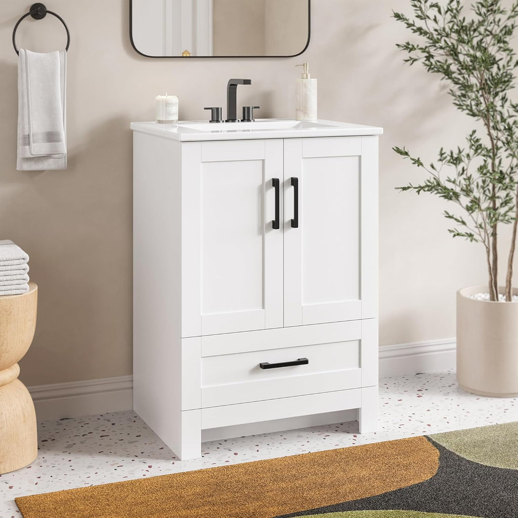 IRONCK 24" Bathroom Vanity with Sink, Freestanding Bathroom Cabinet Vanity with Soft-Close Doors & Storage Drawer, Modern Design for Small Bathrooms, Undermount Ceramic Sink, Easy Assembly, White
