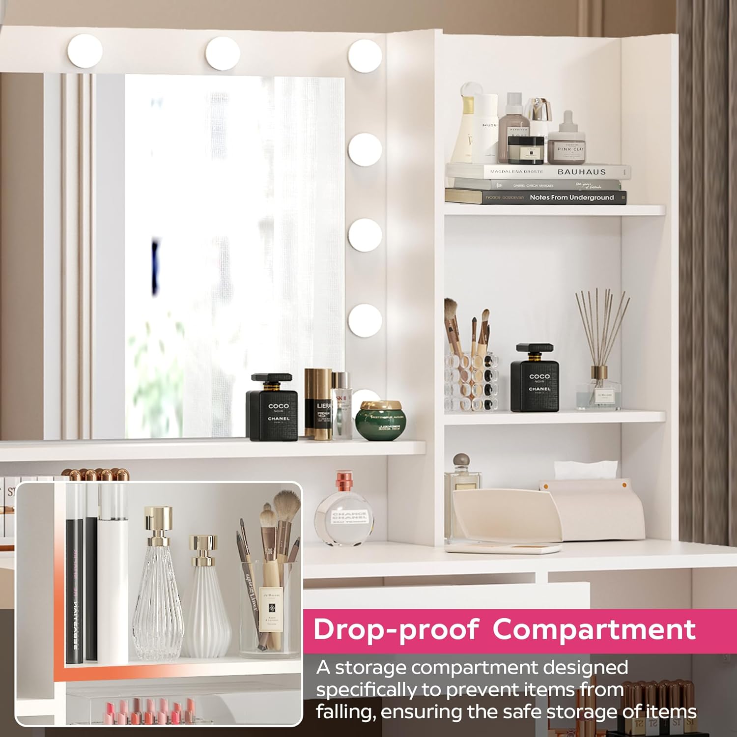Palimder Vanity Desk with Mirror and Light, Large Drawer and Three Level Storage Dresser, 3 Lighting Modes Adjustable Brightness, Bedroom Dressing Table (White)