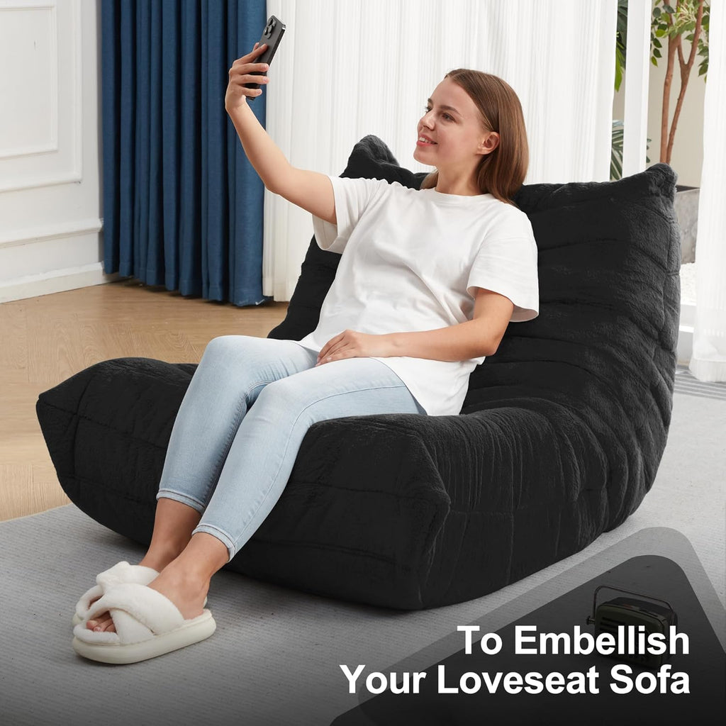 Bean Bag Chairs for Adults Giant Bean Bag Chair Memory Foam BeanBag Chair Bean Bag Sofa with Filler Faux Fur Fireside Beanbags Lazy Sofa for Living Room Bedroom Office (Black Plush, Single)