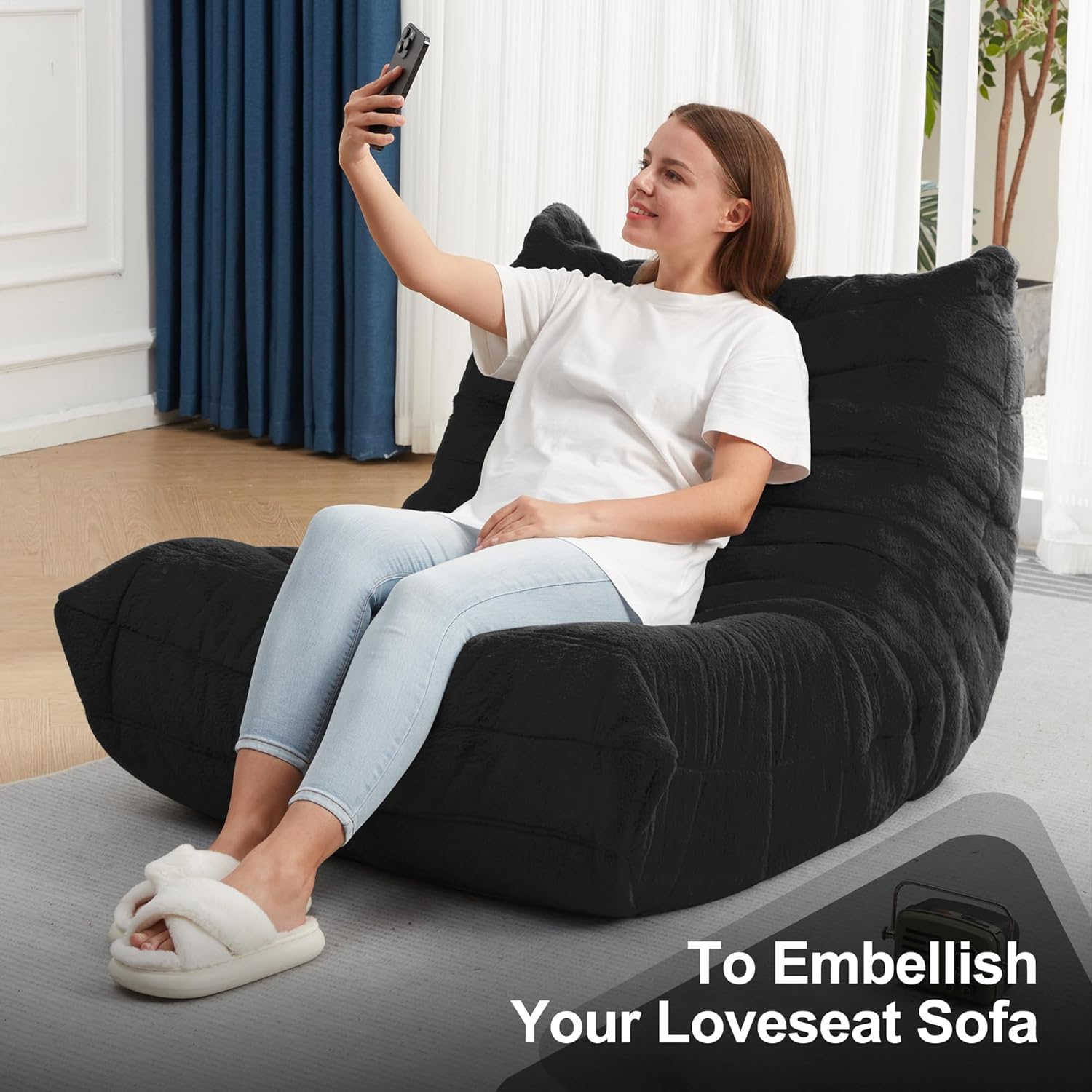 Bean Bag Chairs for Adults Giant Bean Bag Chair Memory Foam BeanBag Chair Bean Bag Sofa with Filler Faux Fur Fireside Beanbags Lazy Sofa for Living Room Bedroom Office (Black Plush, Single)