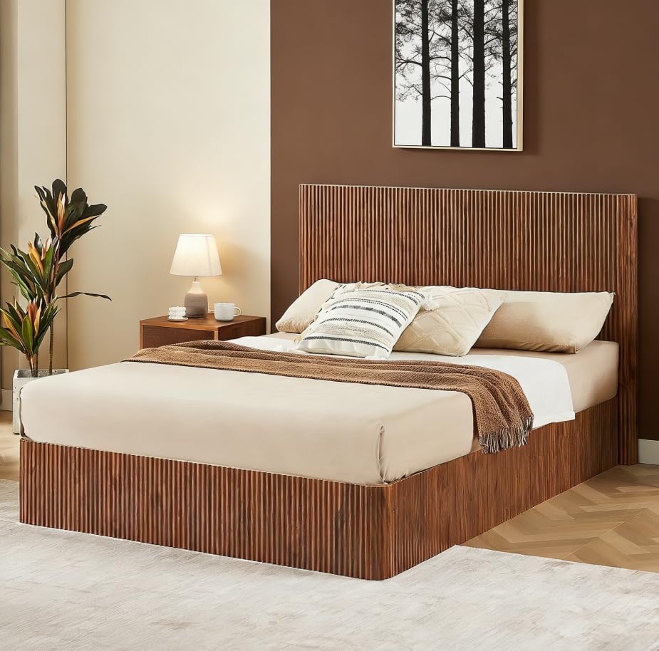 Bellemave Queen Lift Up Storage Bed, Walnut Wood Lift Up Bedframe Queen, Wooden Corrugated Curved Lines, Hydraulic Storage,Walnut