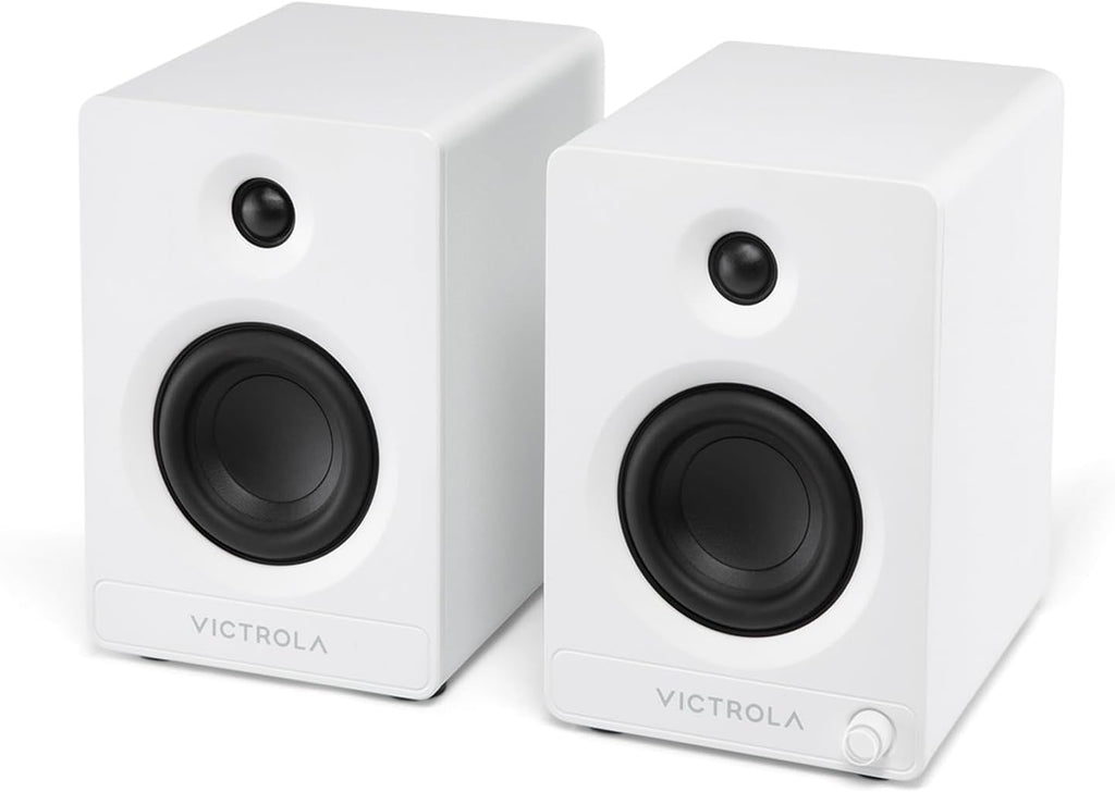 Victrola Tempo – Bluetooth Bookshelf Speakers – Room-Filling Sound, Bluetooth Input, Multi-Speaker Streaming Using Auracast, USB-C Computer Input, Turntable Inputs, Subwoofer Output (Pair, White)