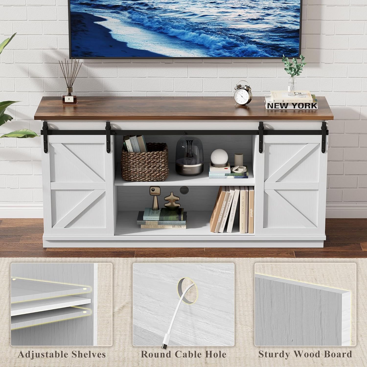 YESHOMY Farmhouse TV Stand for Televisions up to 65 Inches, Sliding Barn Doors and Storage Cabinets, Console Table and Media Furniture for Living Room, 58 Inch, White