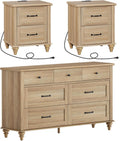 WAMPAT 3 Piece Bedroom Set - Includes 7 Drawer Dresser for Bedroom, Set of 2 Night Stands with Charging Station & Drawers, 3 Piece Dresser and Nightstand Sets, Oak