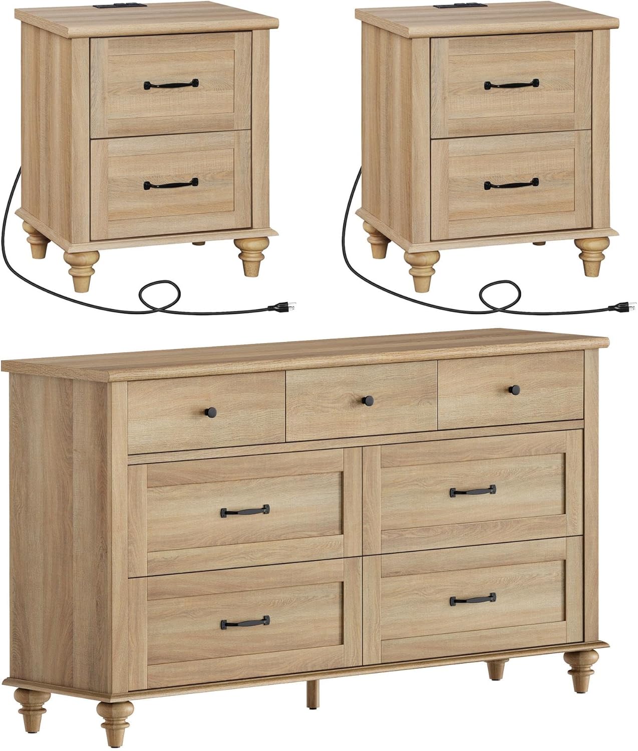 WAMPAT 3 Piece Bedroom Set - Includes 7 Drawer Dresser for Bedroom, Set of 2 Night Stands with Charging Station & Drawers, 3 Piece Dresser and Nightstand Sets, Oak