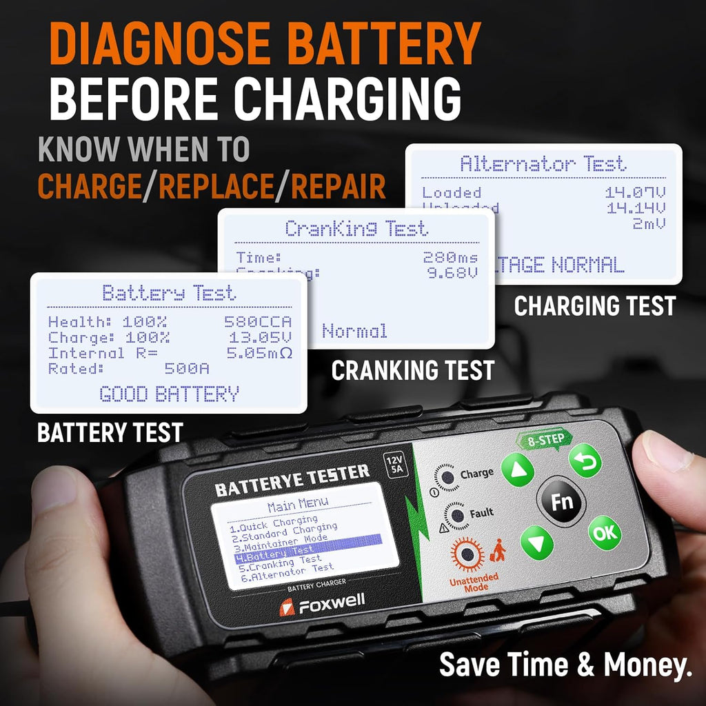 FOXWELL BC521 12V Car Battery Charger & Tester, 5A Smart 4-in-1 Battery Maintainer with Built-in Battery Test, Cranking & Charging System Test, Pulse Repair and Trickle Charge for Car, RV, Motorcycle