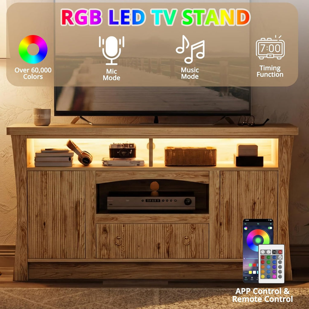 LIKIMIO TV Stand for 65 inch TVs, Entertainment Center with Power Outlet and Led Lights, TV Console with Storage Cabinets and Drawer, TV Stands for Living Room