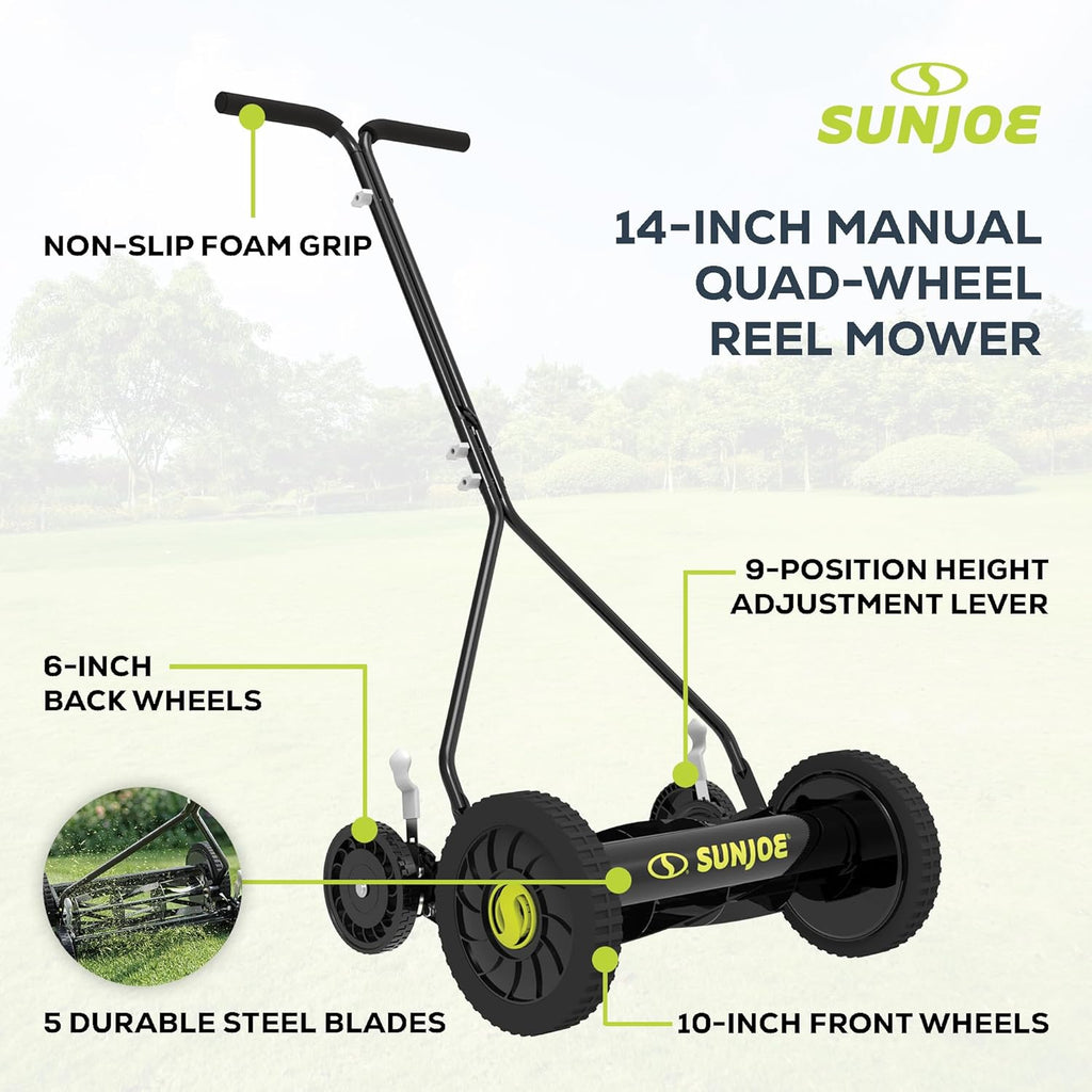 Sun Joe Manual Push Reel Lawn Mower with 9 Adjustable Positions, 14-Inch Cutting Width - Heavy-Duty Yard Trimming Machine for Gardening Care and Maintenance, MJ503M