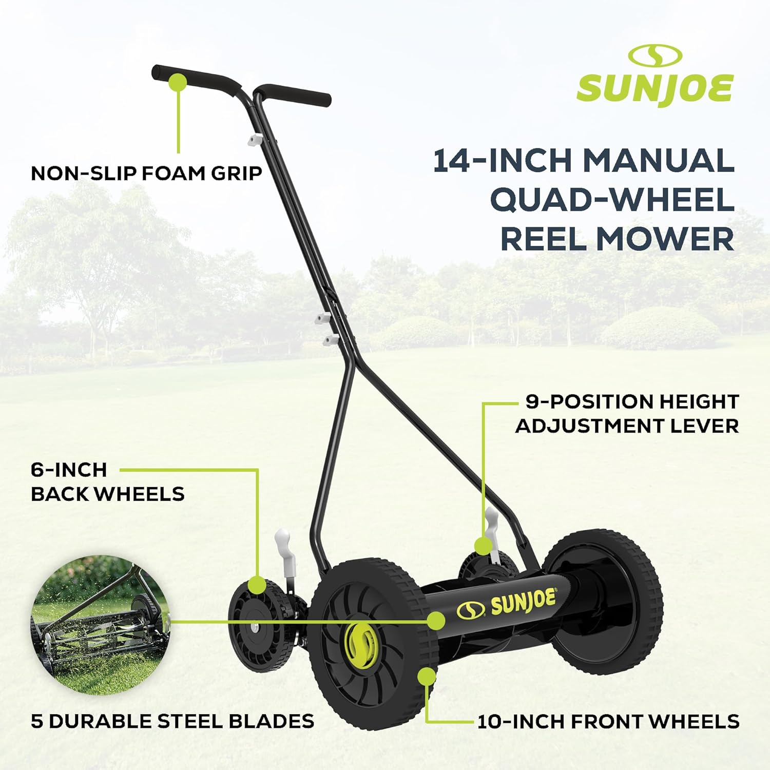 Sun Joe Manual Push Reel Lawn Mower with 9 Adjustable Positions, 14-Inch Cutting Width - Heavy-Duty Yard Trimming Machine for Gardening Care and Maintenance, MJ503M