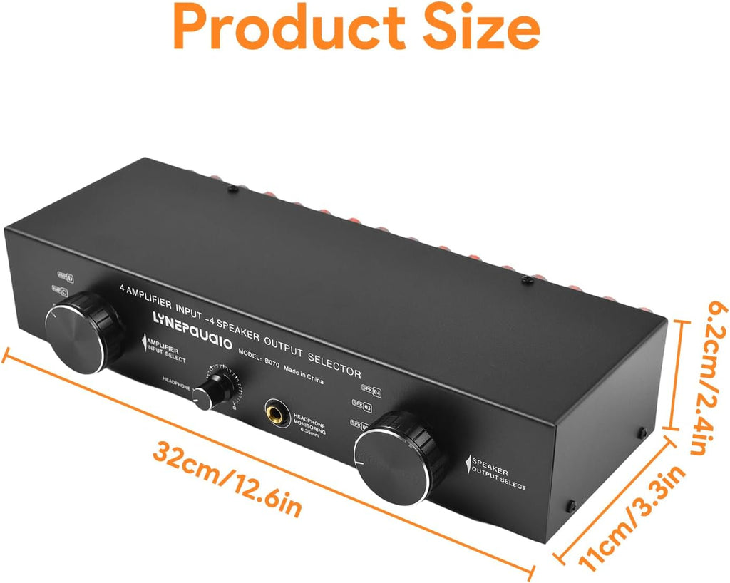 4 Input 4 Output Speaker Switch Selector for Amplifier, 300Wx4 Channel Stereo Audio Switcher Box with 6.35mm Banana Jack - Manual Passive Control for Home Studio Multi Room System