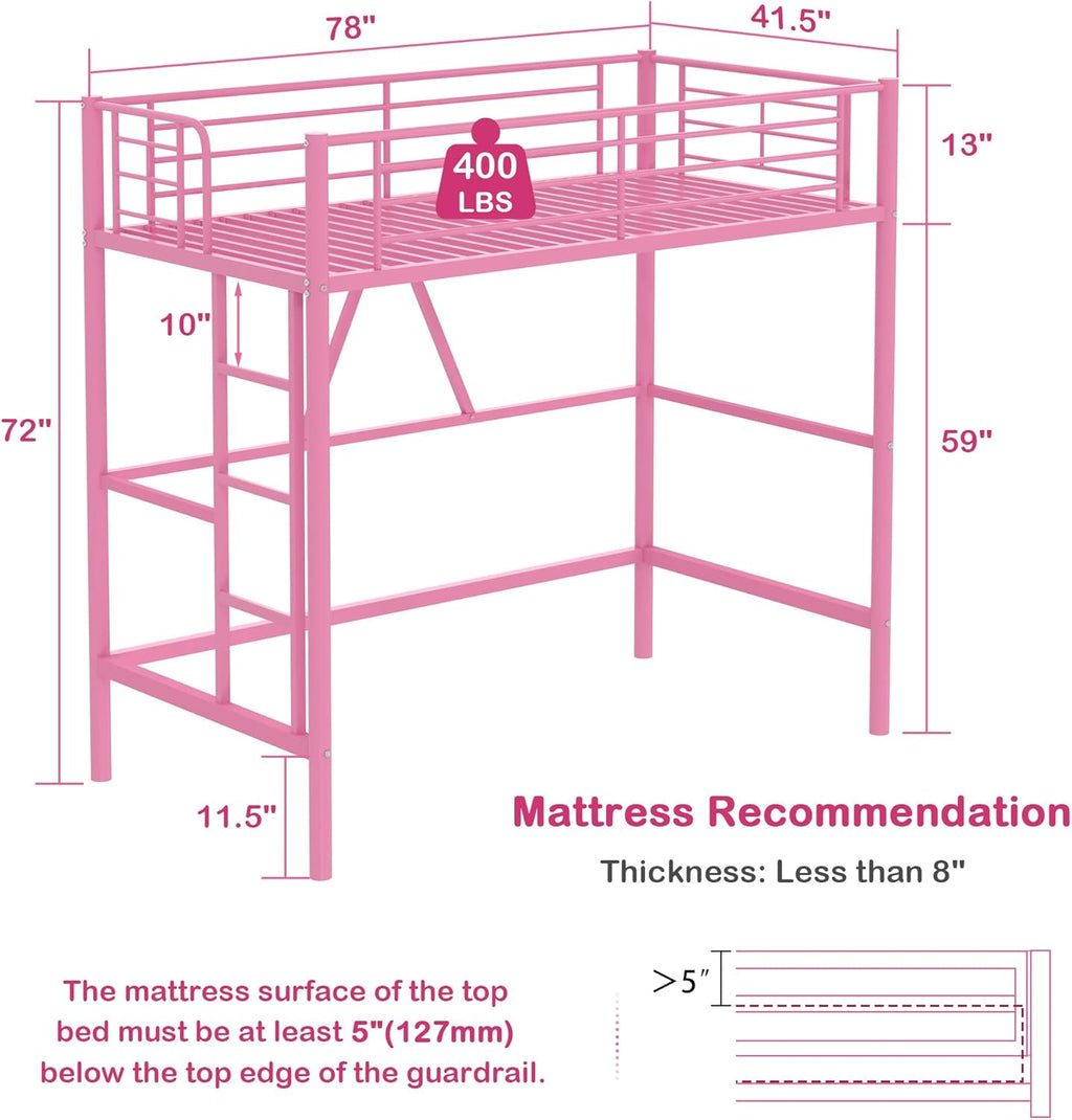 VECELO Loft Bed Twin Size, Metal Bedframe with Removable Ladder and Safety Guardrail, No Box Spring Needed, Space Saving, Noise Free, Light Pink