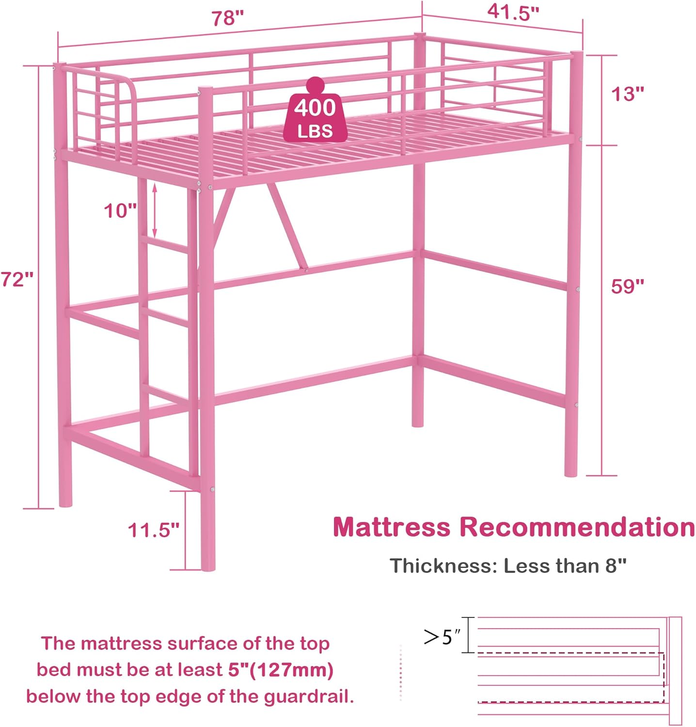 VECELO Loft Bed Twin Size, Metal Bedframe with Removable Ladder and Safety Guardrail, No Box Spring Needed, Space Saving, Noise Free, Light Pink