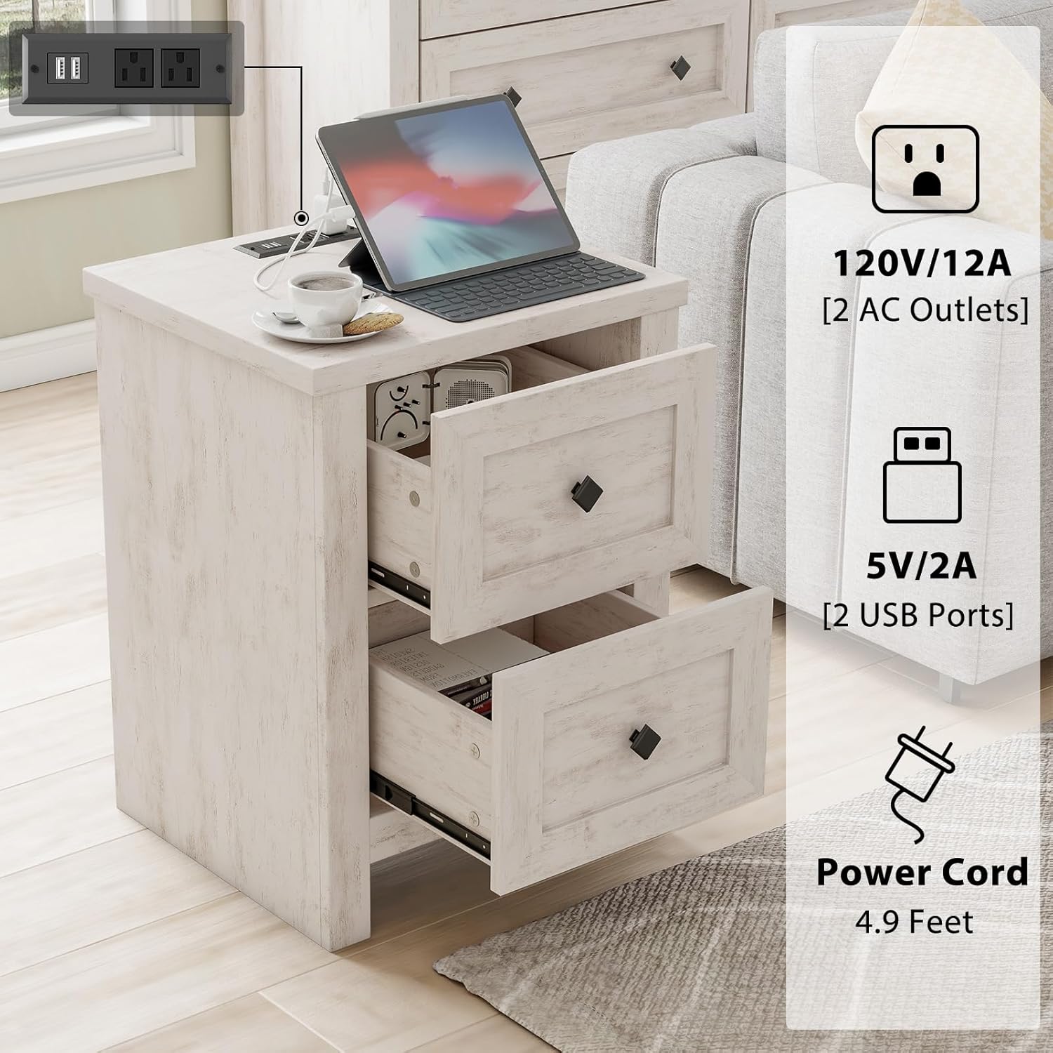 LUXOAK 4 Pieces Farmhouse Bedroom Set, 1 X Wood Rustic 6 Drawer Storage Dresser, 1 X 5 Drawer Dresser, Nightstand Set of 2 with Charging Station, Farmhouse Bedroom Furniture Set, Rustic White