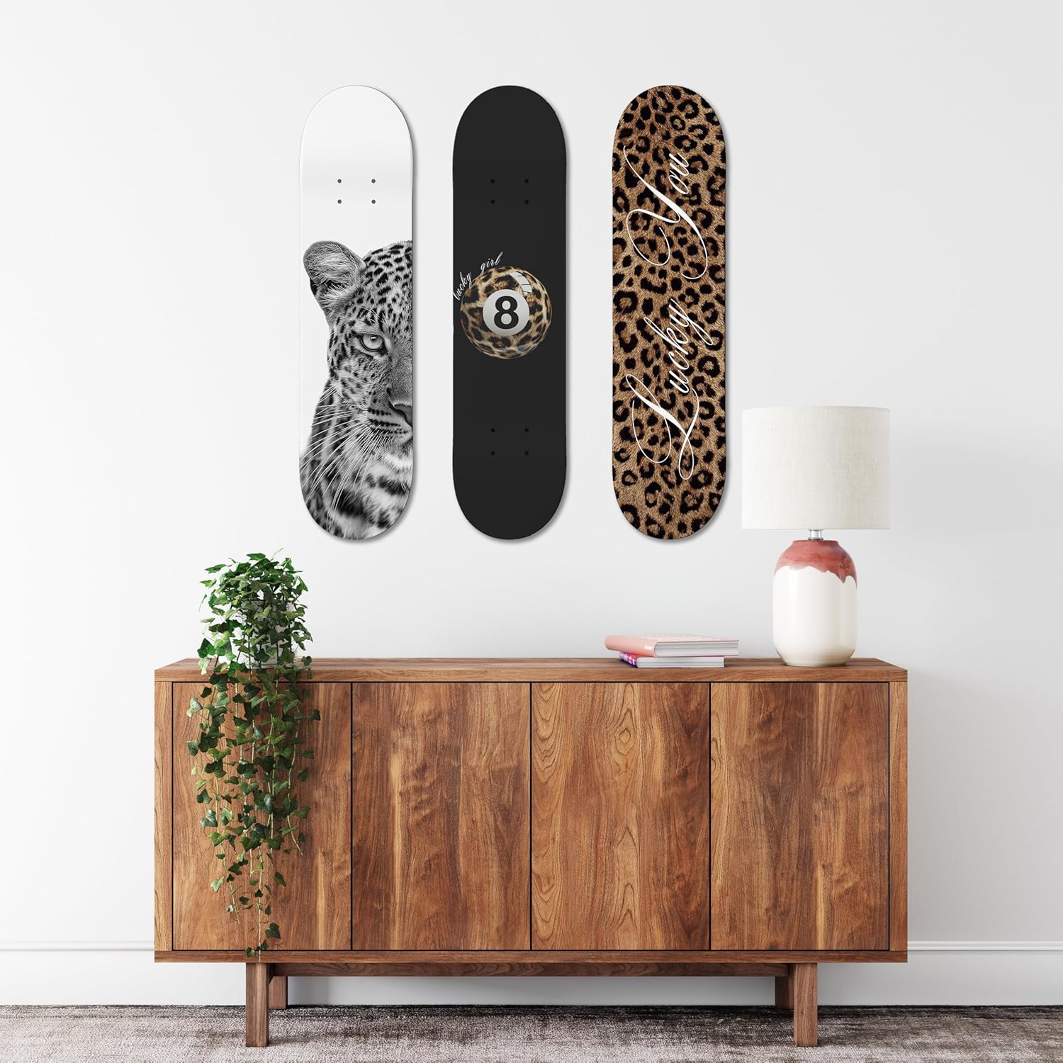 TwoDays Stockholm Cheetah Skateboard Wall Decor - Leopard Print Modern Style Wall Mount Art Set for Men's Apartment & Dorm, Cool Skate Deck, Trendy Skater Room Design (Set of 3)