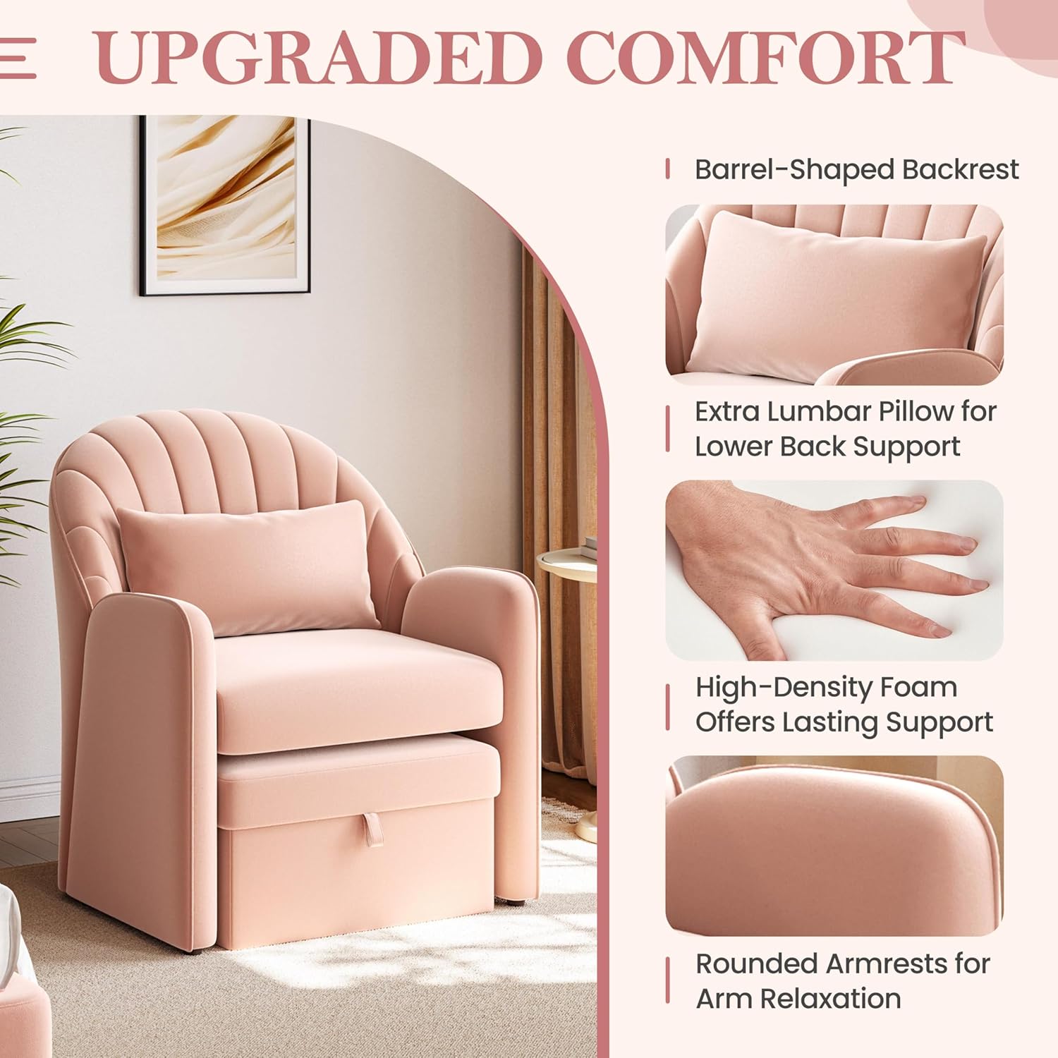 Yaheetech Small Barrel Accent Chair with Footrest Set of 2, Velvet Modern Comfy Cute Elegant Reading Chairs with Lumbar Pillow Storage Box for Living Room Bedroom, Pink Set of 2