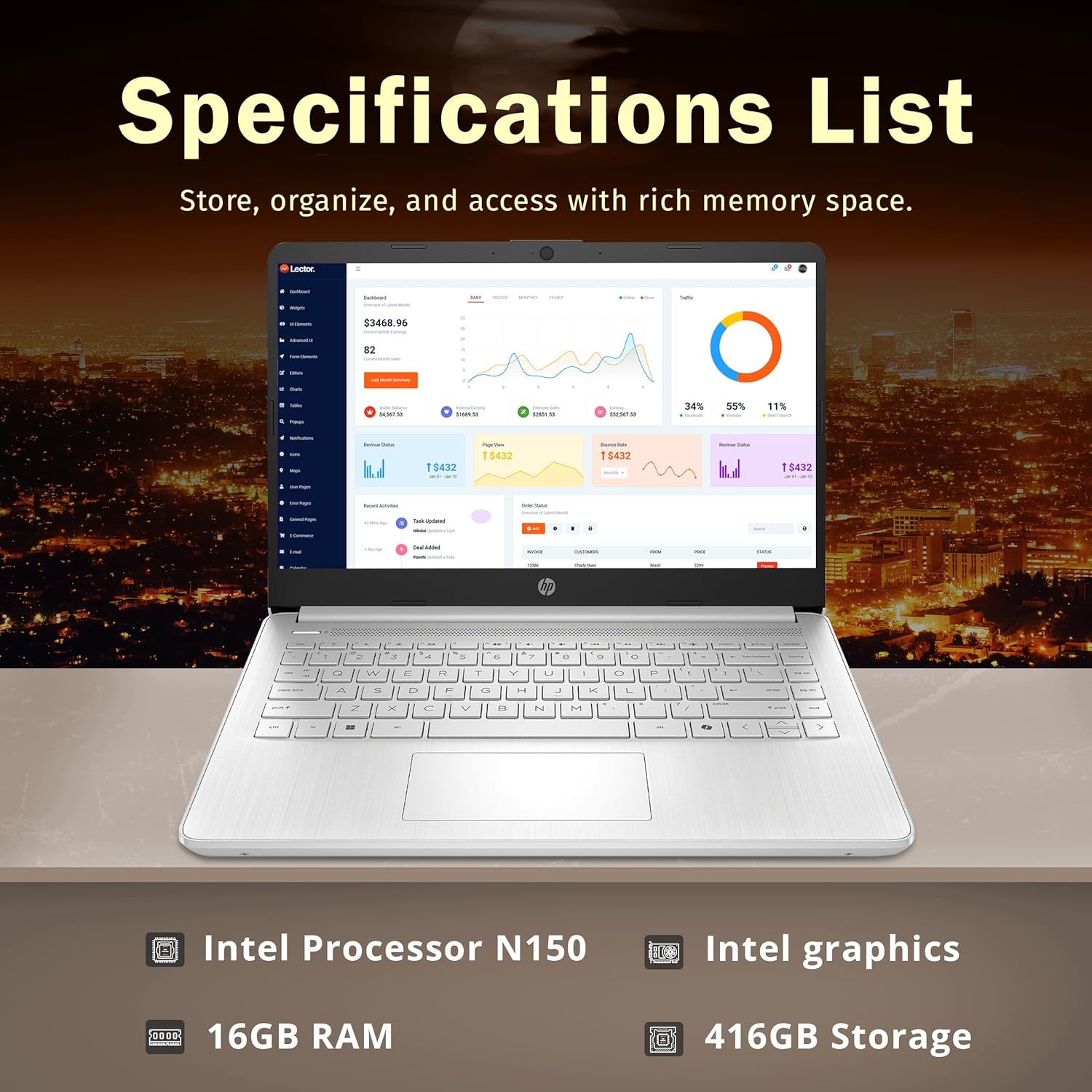 HP Stream 14" HD BrightView Laptop, Intel Celeron N4120, 16GB RAM, 416GB Storage (128GB eMMC + 288GB Docking Station Set), Intel UHD Graphics, 720p Camera, Wi-Fi, 1 Year Office 365, Win 11 S, Silver