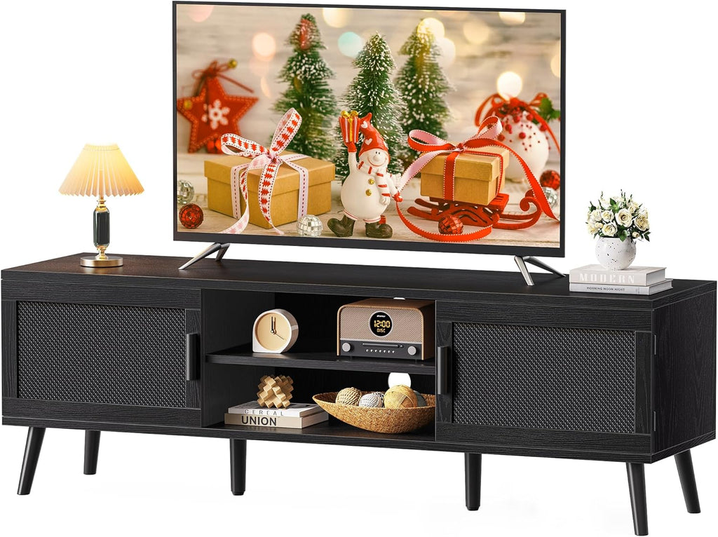 SUPERJARE TV Stand for 65 Inch TV, Entertainment Center with Adjustable Shelf, TV Console with 2 Cabinets, Media Console, Solid Wood Feet, 4 Cord Holes, for Living Room, Black