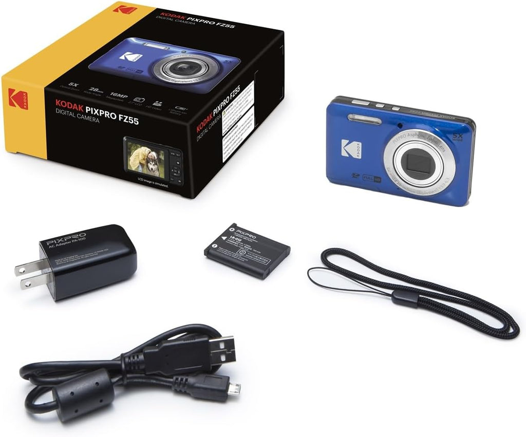 Kodak PIXPRO FZ55 Digital Camera (Blue) + 32GB Memory Card + Point and Shoot Camera Case + Extendable Monopod + Lens Cleaning Pen + LCD Screen Protectors + Table Top Tripod – Ultimate Bundle